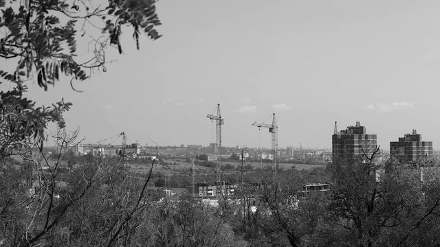 Several tower cranes build a multi-storey building and move cargo, long-range plan, time-lapse, monochrome
