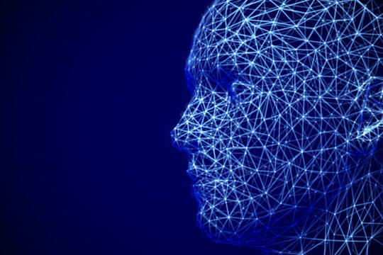 Cyberspace or machine learning concept: polygonal male face profile. Digital human or robot head - abstract visualization of artificial intelligence and neural network. EPS 10, vector illustration.