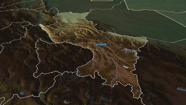 Cusco - region of Peru with its capital zoomed on the physical map of the globe. Animation 3D