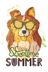 Vector. Portrait of a cute dog in glasses under the effect of pineapple.