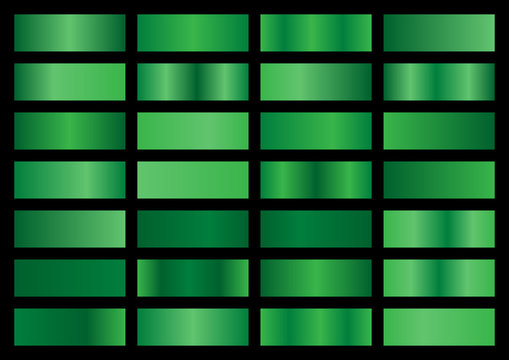 Green Metal Gradient Set. Vector Metallic Texture. Big Collection Of Green Metallic Gradients On Black Background