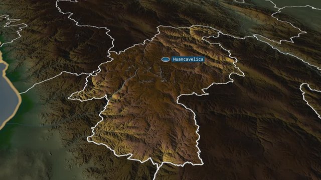 Huancavelica - region of Peru with its capital zoomed on the physical map of the globe. Animation 3D