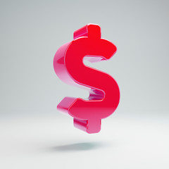 Volumetric glossy hot pink Dollar icon isolated on white background.