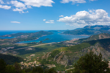 Kotor bay and Tivat airport, view from above, Montenegro