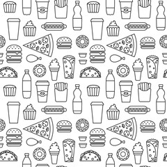 Contoured fast food seamless pattern. Junk food outline vector repeating background for textile design, wrapping paper, wallpaper.