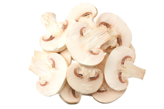Sliced mushrooms isolated on white background. top view