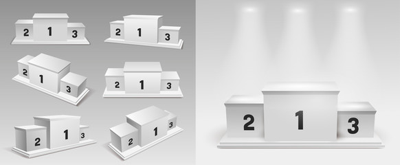 Set of white winners podium with spotlights. Pedestal. Vector illustration. Isolated on white background.