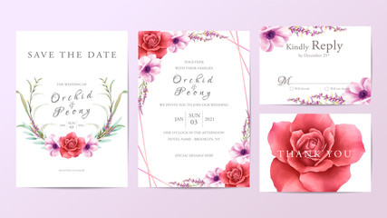Wedding invitation template cards set of watercolor floral bouquet