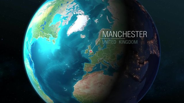 United Kingdom - Manchester - Zooming from space to earth