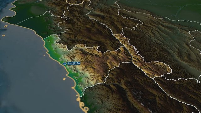 La Libertad - region of Peru with its capital zoomed on the physical map of the globe. Animation 3D