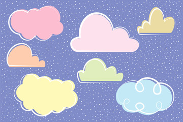 Cartoon multi-colored contour clouds with rain or snow on lilac background