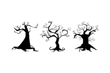 Halloween scary trees. Set of Halloween tree silhouettes. October night party decoration.