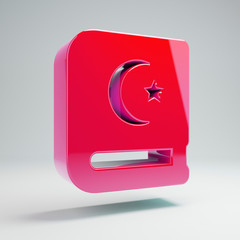 Volumetric glossy hot pink Quran icon isolated on white background.