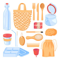 Zero waste lifestyle, vector design elements. Natural reusable items and accessories flat cartoon icons.