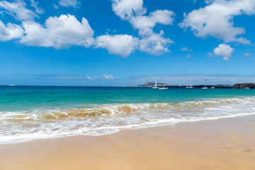 Fototapeta premium Panorama of beautiful beach and tropical sea of Lanzarote. Canaries