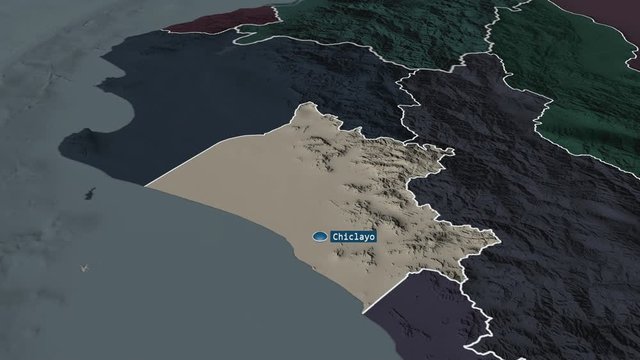 Lambayeque - region of Peru with its capital zoomed on the administrative map of the globe. Animation 3D