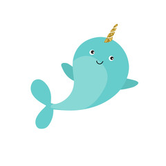 Magic narwhal on white background vector illustration flat design