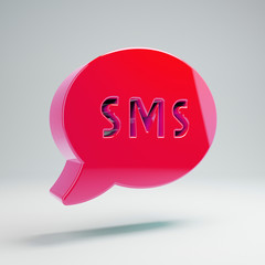 Volumetric glossy hot pink SMS icon isolated on white background.