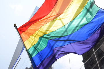 Pride flag on corporate building in big city. Pride month celebrations