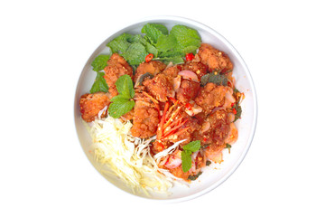 Thai food, Spicy crispy deep-fried chicken salad.