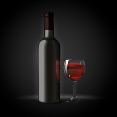 Vector 3d realistic wine bottle with glass isolated on black background. Luxury mock-up for product package branding.