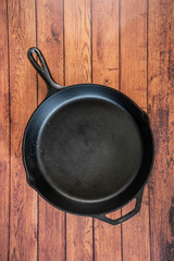 Cast iron skillet on wooden surface - top view with copy space