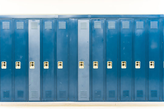 Row of bright colored school lockers