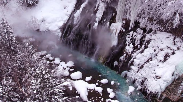 High angle winter view of Whitebeard Falls and Biei River, Japan