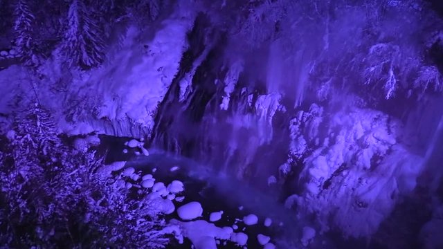 Whitebeard waterfall illuminated in winter, Japan