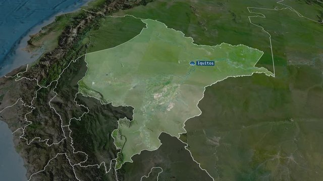 Loreto - region of Peru with its capital zoomed on the satellite map of the globe. Animation 3D