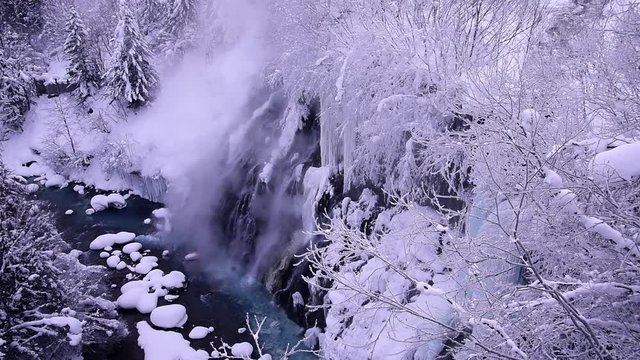 Aerial view of Whitebeard waterfall, Biei, Hokkaido, Japan