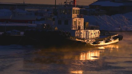 Ship at sunrise, Abashiri, Hokkaido, Japan
