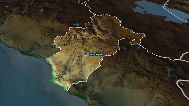 Moquegua - region of Peru with its capital zoomed on the physical map of the globe. Animation 3D