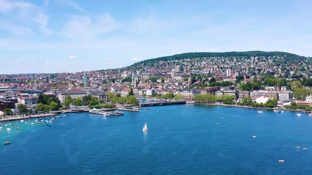 4k drone Aerial view of Zurich  city waterfront in Switzerland