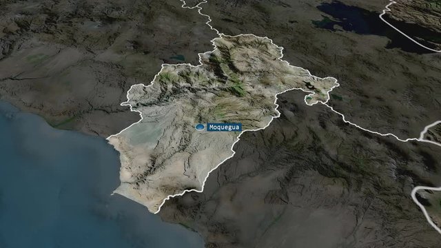 Moquegua - region of Peru with its capital zoomed on the satellite map of the globe. Animation 3D