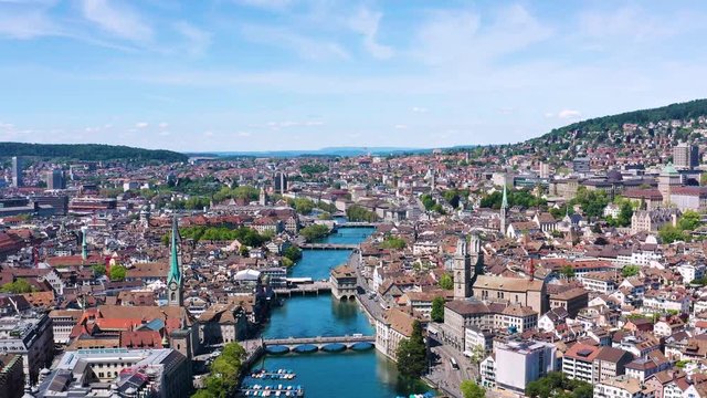 4k drone Aerial view of Zurich  city waterfront in Switzerland