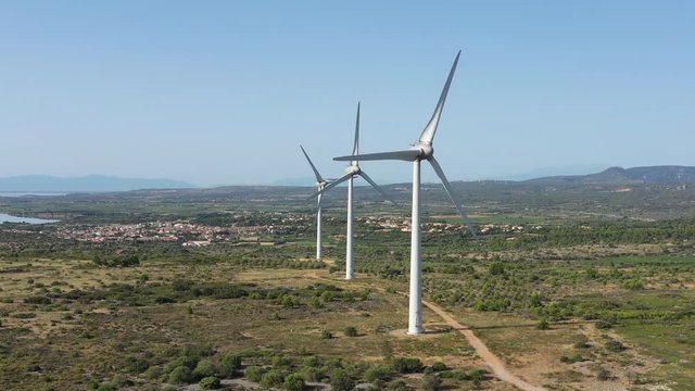 Renewable energy modern wind turbines high corbieres plant aerial France