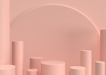 Scene with geometrical forms, Minimalist podium for showcase or cosmetic product presentation, in pink pastel colors, 3d rendering.