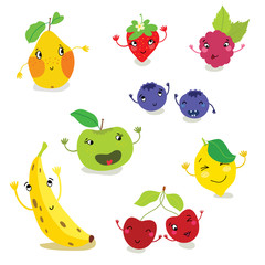 Cute bright colors of fruits vector collections. Set of fruits are apple, lemon, banana, pear, cherries, strawberry, and blueberries. 