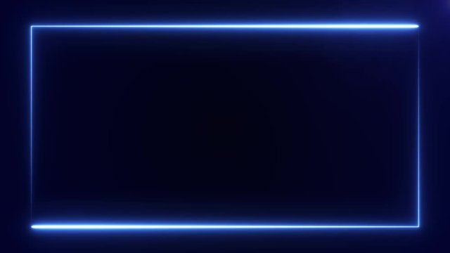 blue color neon frame at the screen edge on black background. 3D rendering 4k video.