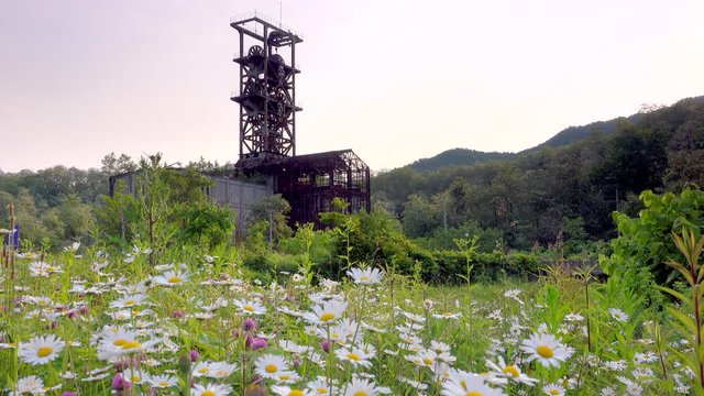 View of old coal mine and field flowers, Mitaka City, Hokkaido, Japan