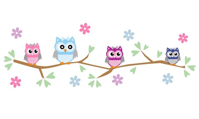 Búhos en rama de árbol.