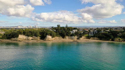 Fototapeta na wymiar Aerial View of Skyline of Takapuna and Green of Takapuna in Auckland, New Zealand