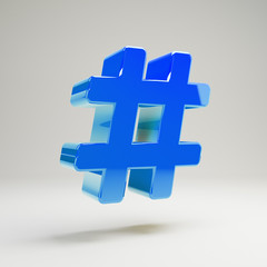 Volumetric glossy blue Hashtag icon isolated on white background.
