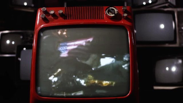 Astronaut Salute the Flag during Apollo 16 Mission in the Lunar Surface on a Retro TV. Elements of this image furnished by NASA.