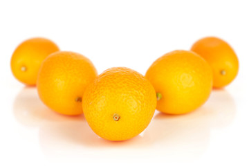Group of five whole fresh orange kumquat arranged symmetrically isolated on white background