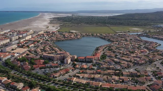 Port-la-Nouvelle residential area houses along the beach mediterranean sea aerial view 