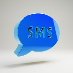 Volumetric glossy blue SMS icon isolated on white background.