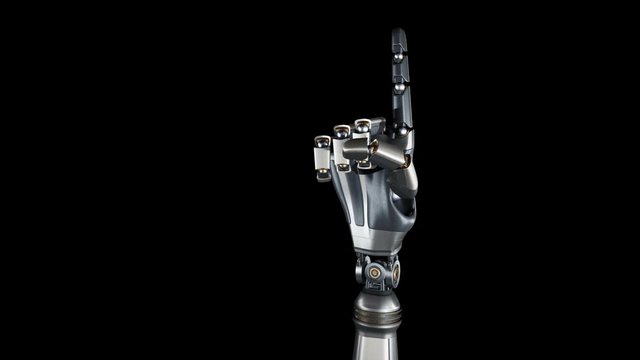 Metal cyborg robotic arm points index finger into viewer. Metal shines, black background, 60 fps animation.