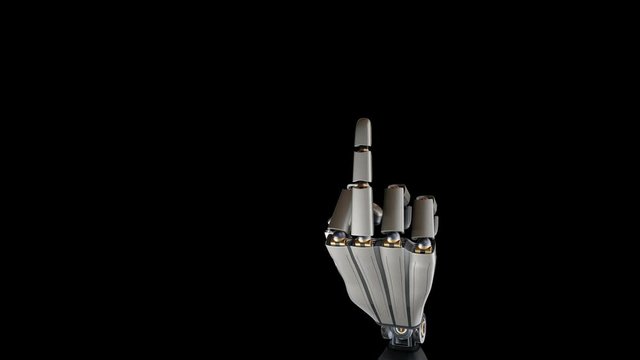  Metal robotic arm shows middle finger to viewer. Fuck gesture, metal shines, black background, 60 fps animation.